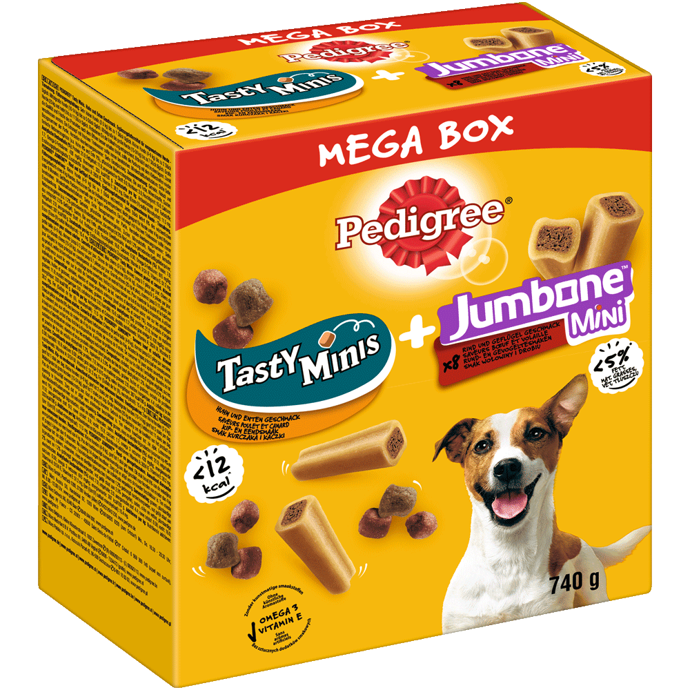 PEDIGREE® Mega Box Snacks mit Tasty Minis & JUMBONE™ Riesenknochen Mini, 740g